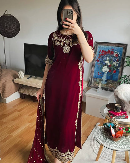 Maroon Color Embroidered Velvet Readymade Designer Salwar Suit