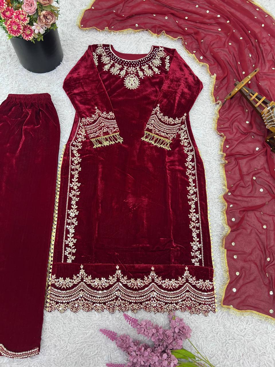Maroon Color Embroidered Velvet Readymade Designer Salwar Suit
