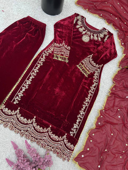 Maroon Color Embroidered Velvet Readymade Designer Salwar Suit