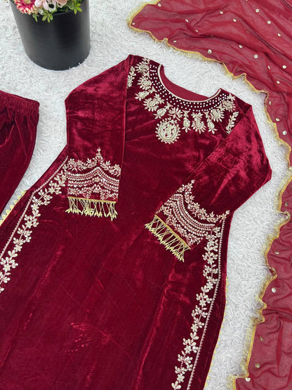 Maroon Color Embroidered Velvet Readymade Designer Salwar Suit