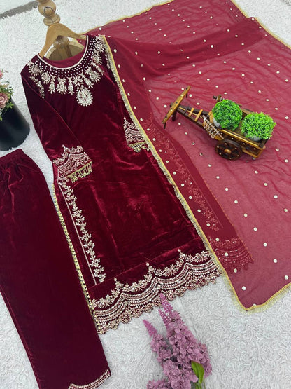 Maroon Color Embroidered Velvet Readymade Designer Salwar Suit