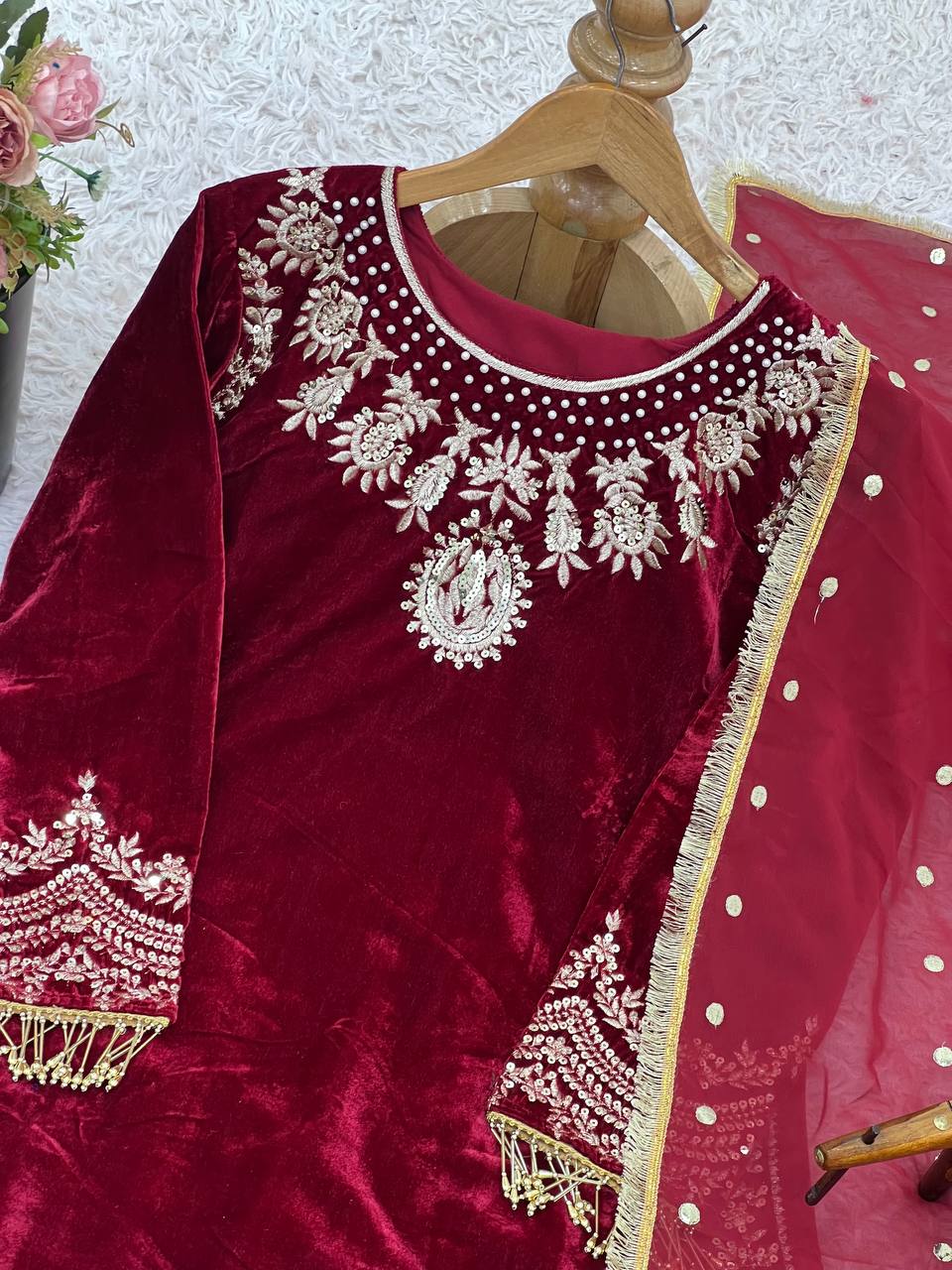 Maroon Color Embroidered Velvet Readymade Designer Salwar Suit