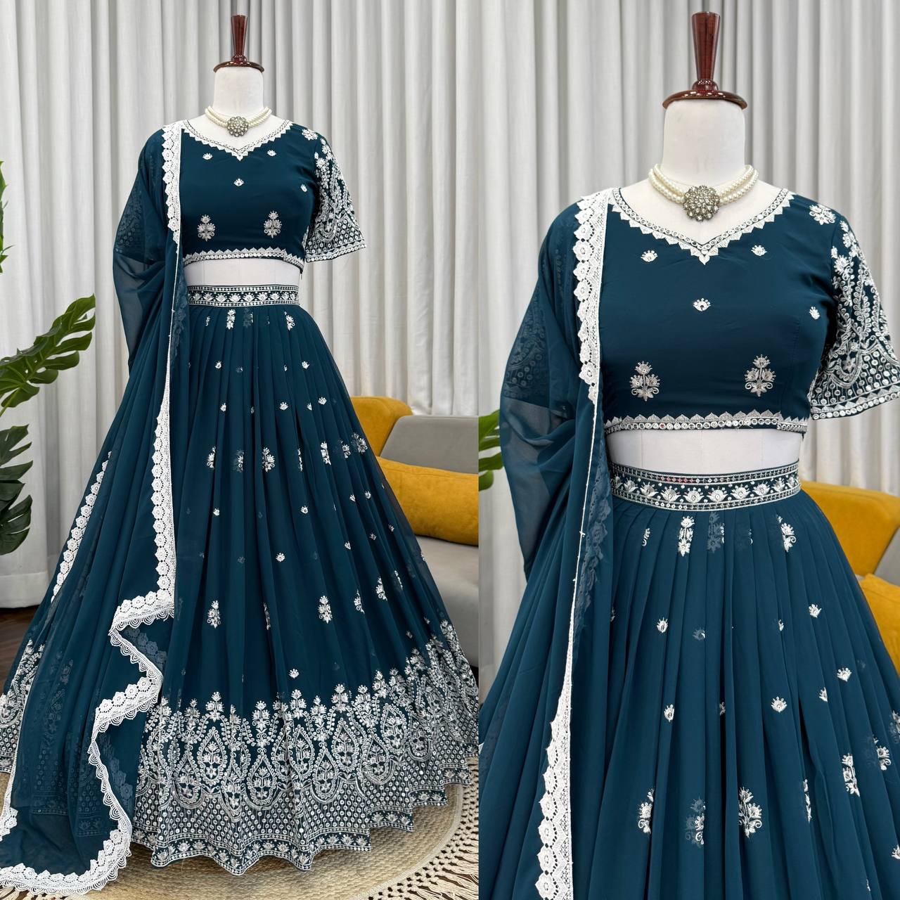 Wedding Wear Teal Blue Color Georgette Lehenga Choli With Dupatta Set