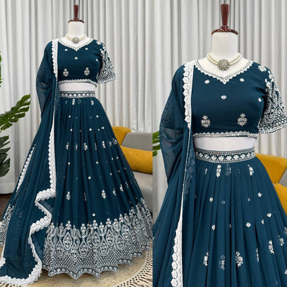 Wedding Wear Teal Blue Color Georgette Lehenga Choli With Dupatta Set