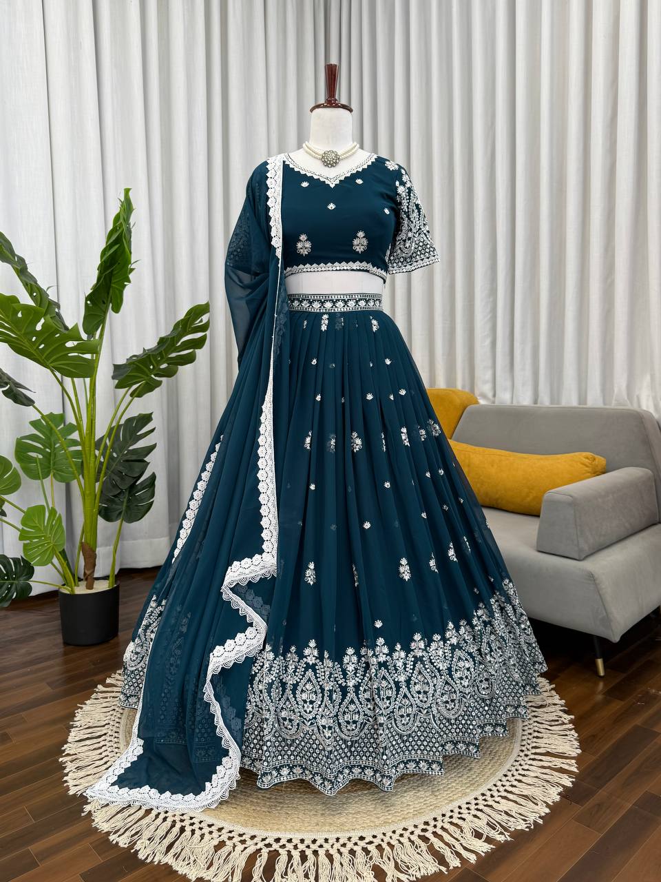 Wedding Wear Teal Blue Color Georgette Lehenga Choli With Dupatta Set