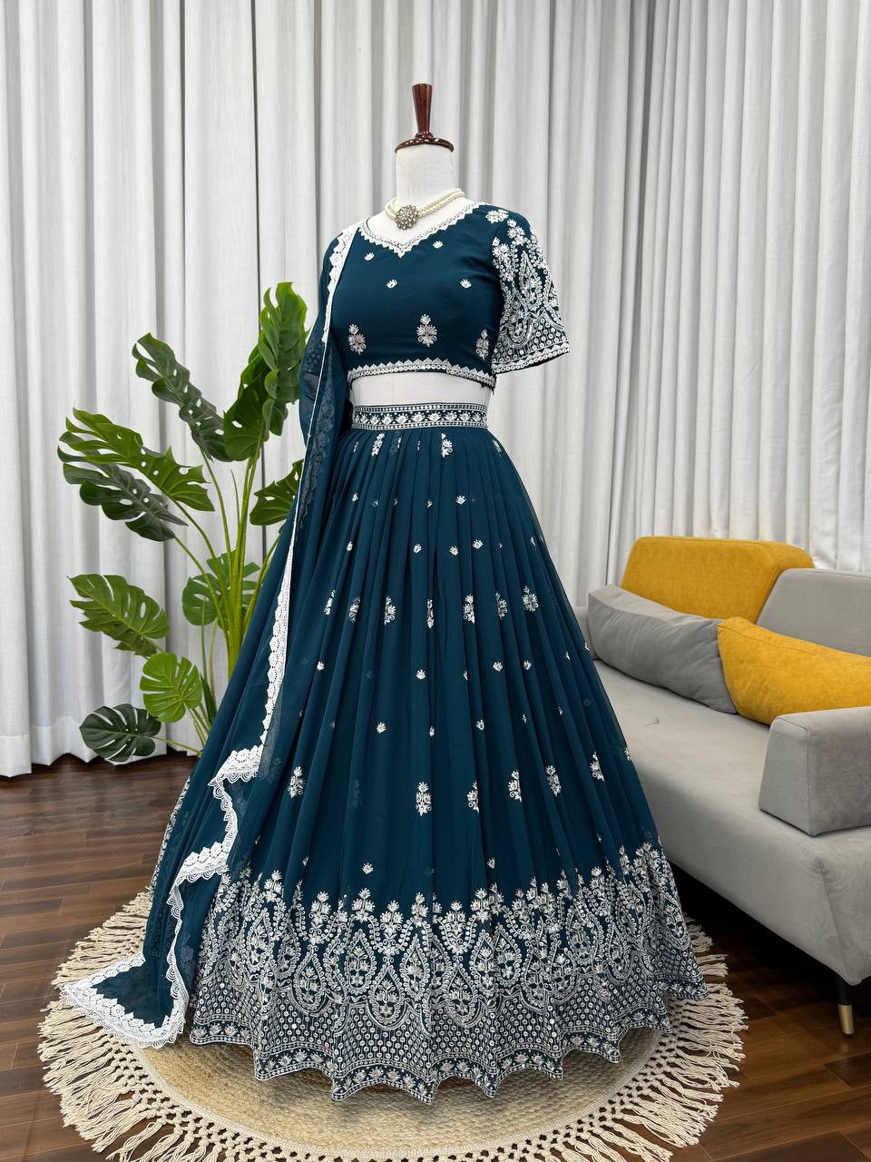 Wedding Wear Teal Blue Color Georgette Lehenga Choli With Dupatta Set