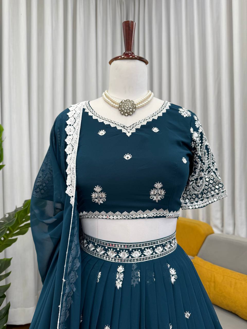 Wedding Wear Teal Blue Color Georgette Lehenga Choli With Dupatta Set
