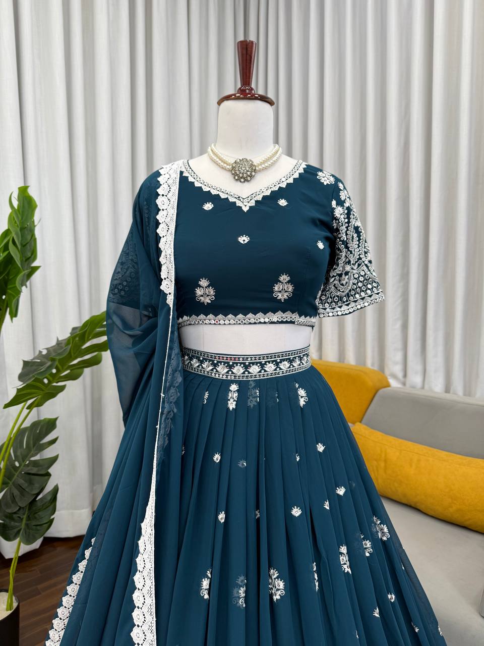 Wedding Wear Teal Blue Color Georgette Lehenga Choli With Dupatta Set
