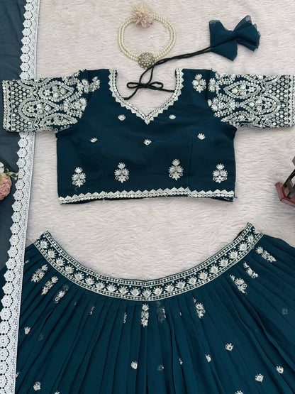 Wedding Wear Teal Blue Color Georgette Lehenga Choli With Dupatta Set