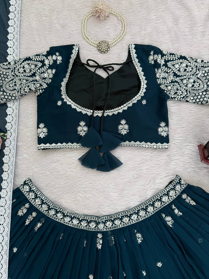 Wedding Wear Teal Blue Color Georgette Lehenga Choli With Dupatta Set