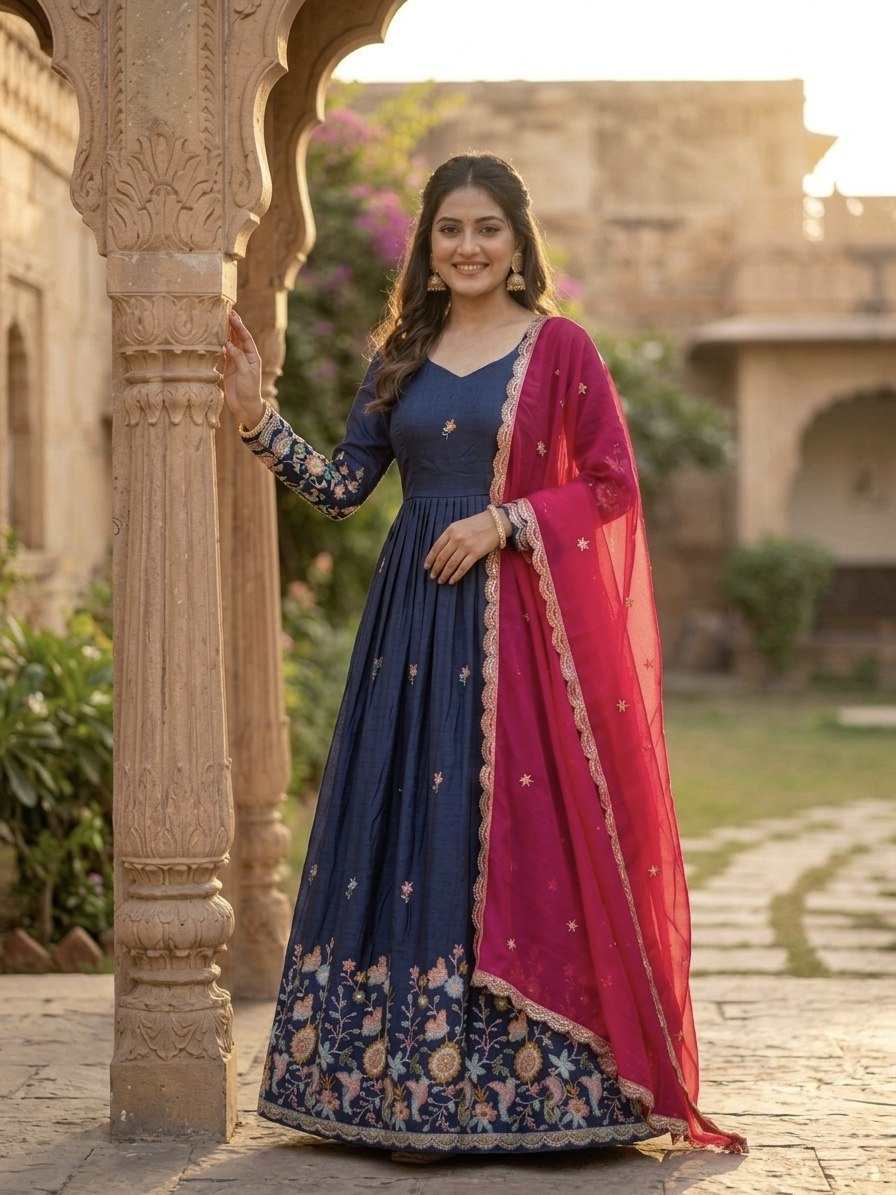Wedding Wear Zari Thread Embroidery Work Designer Gown