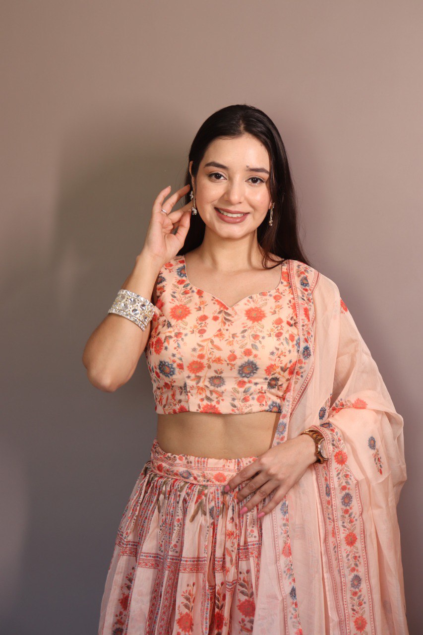 Delightful Orange Color Pure Organza Floral Printed Lehenga Choli