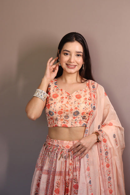 Delightful Orange Color Pure Organza Floral Printed Lehenga Choli