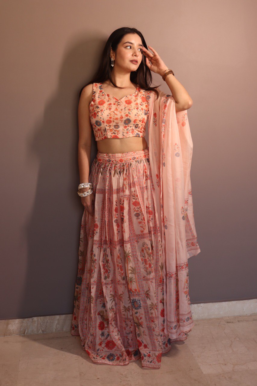 Delightful Orange Color Pure Organza Floral Printed Lehenga Choli