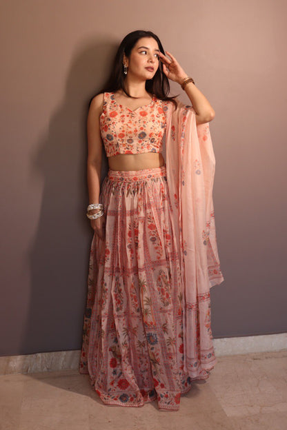 Delightful Orange Color Pure Organza Floral Printed Lehenga Choli