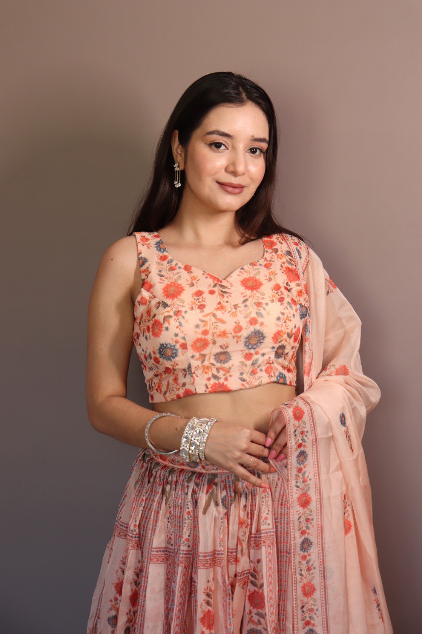 Delightful Orange Color Pure Organza Floral Printed Lehenga Choli