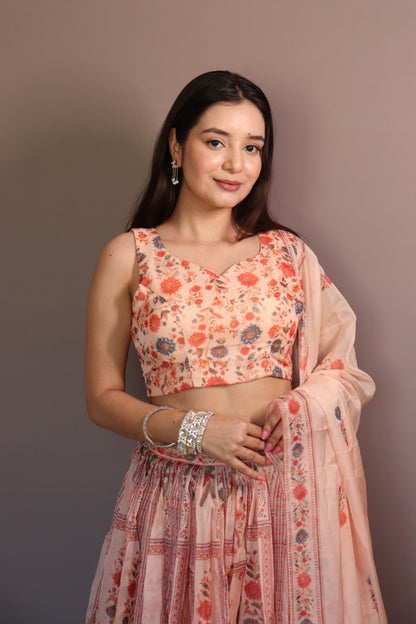 Delightful Orange Color Pure Organza Floral Printed Lehenga Choli