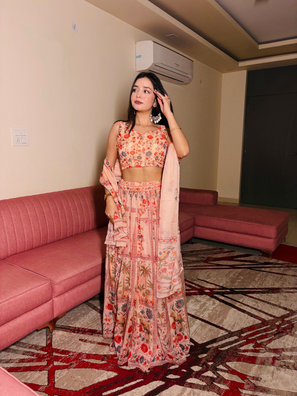 Delightful Orange Color Pure Organza Floral Printed Lehenga Choli