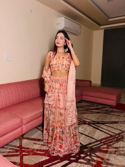 Delightful Orange Color Pure Organza Floral Printed Lehenga Choli