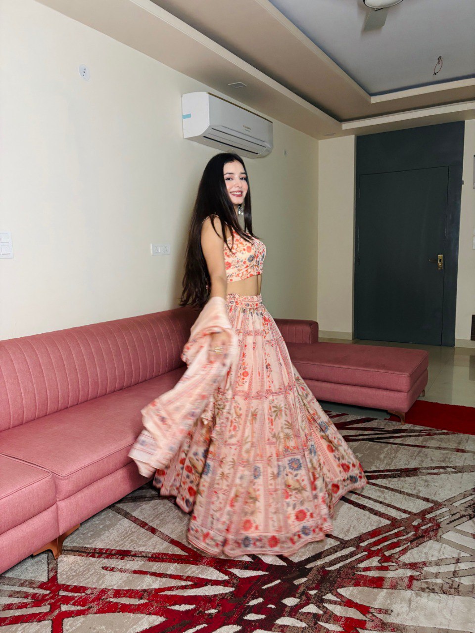 Delightful Orange Color Pure Organza Floral Printed Lehenga Choli