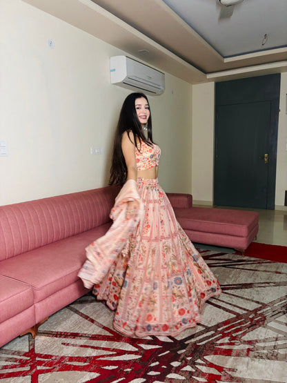 Delightful Orange Color Pure Organza Floral Printed Lehenga Choli