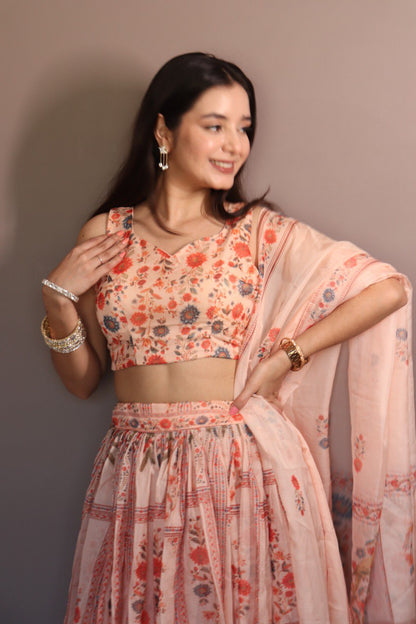 Delightful Orange Color Pure Organza Floral Printed Lehenga Choli