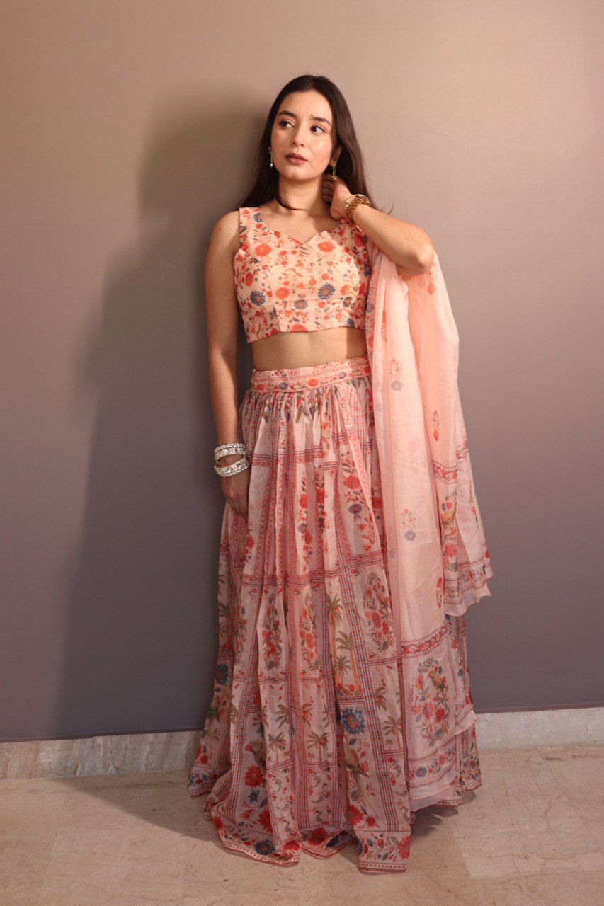 Delightful Orange Color Pure Organza Floral Printed Lehenga Choli