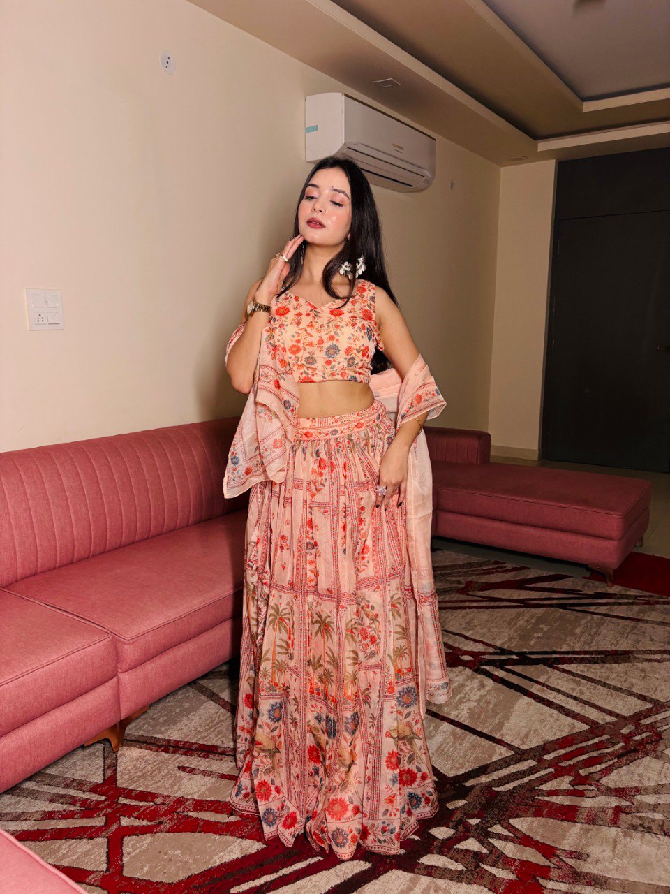 Delightful Orange Color Pure Organza Floral Printed Lehenga Choli