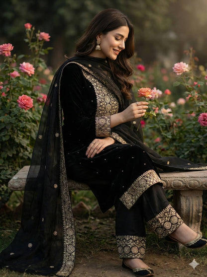 Black Color Embroidery Sequence And Hand Diamond Work Palazzo Suit