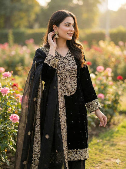 Black Color Embroidery Sequence And Hand Diamond Work Palazzo Suit