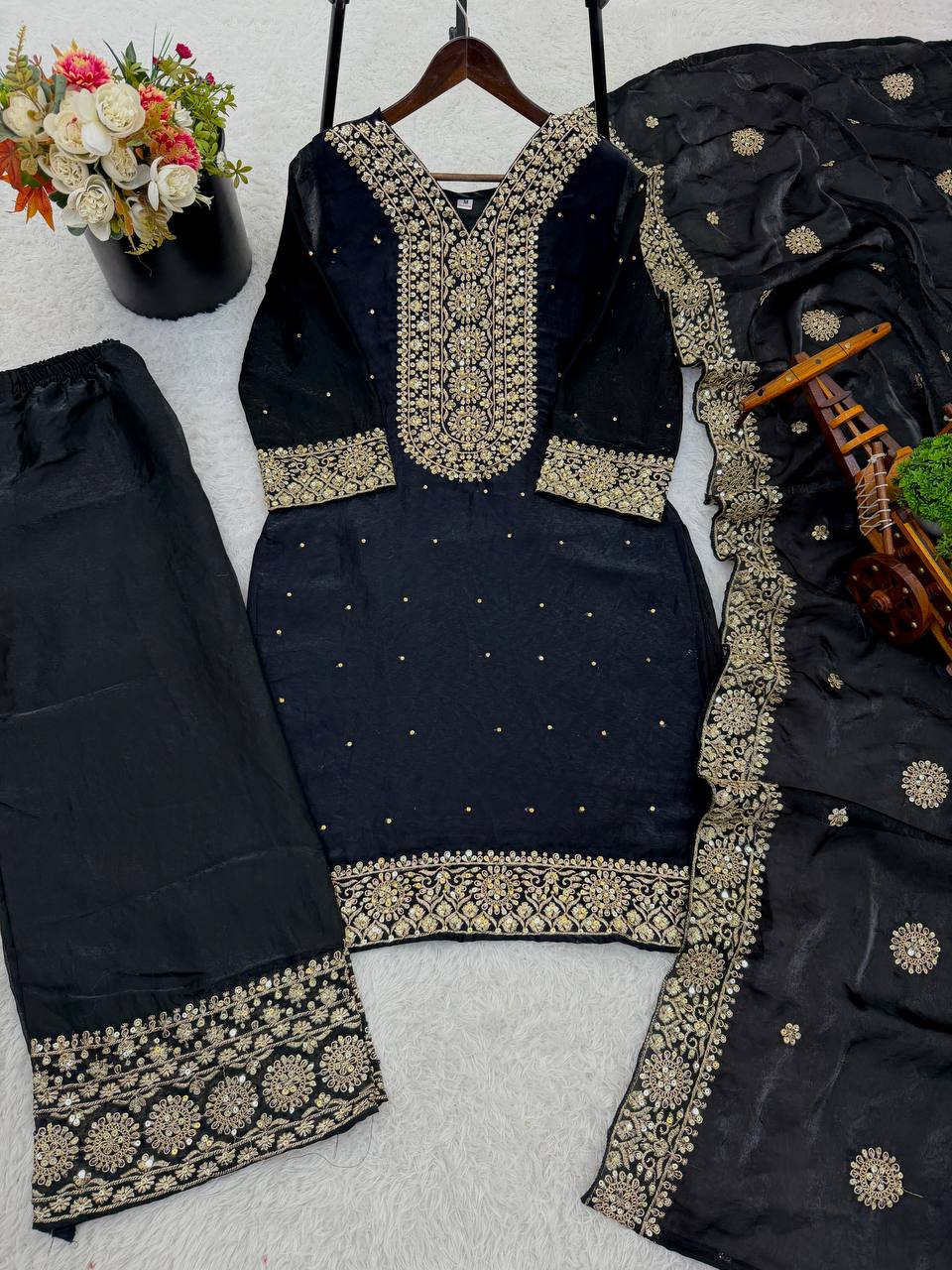 Black Color Embroidery Sequence And Hand Diamond Work Palazzo Suit