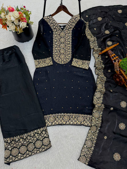 Black Color Embroidery Sequence And Hand Diamond Work Palazzo Suit