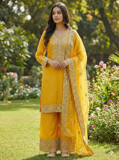 Yellow Color Embroidery Sequence And Hand Diamond Work Palazzo Suit