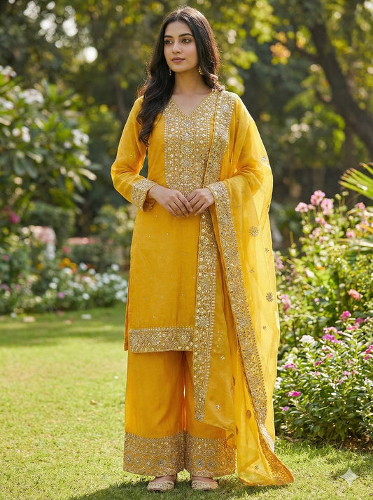 Yellow Color Embroidery Sequence And Hand Diamond Work Palazzo Suit