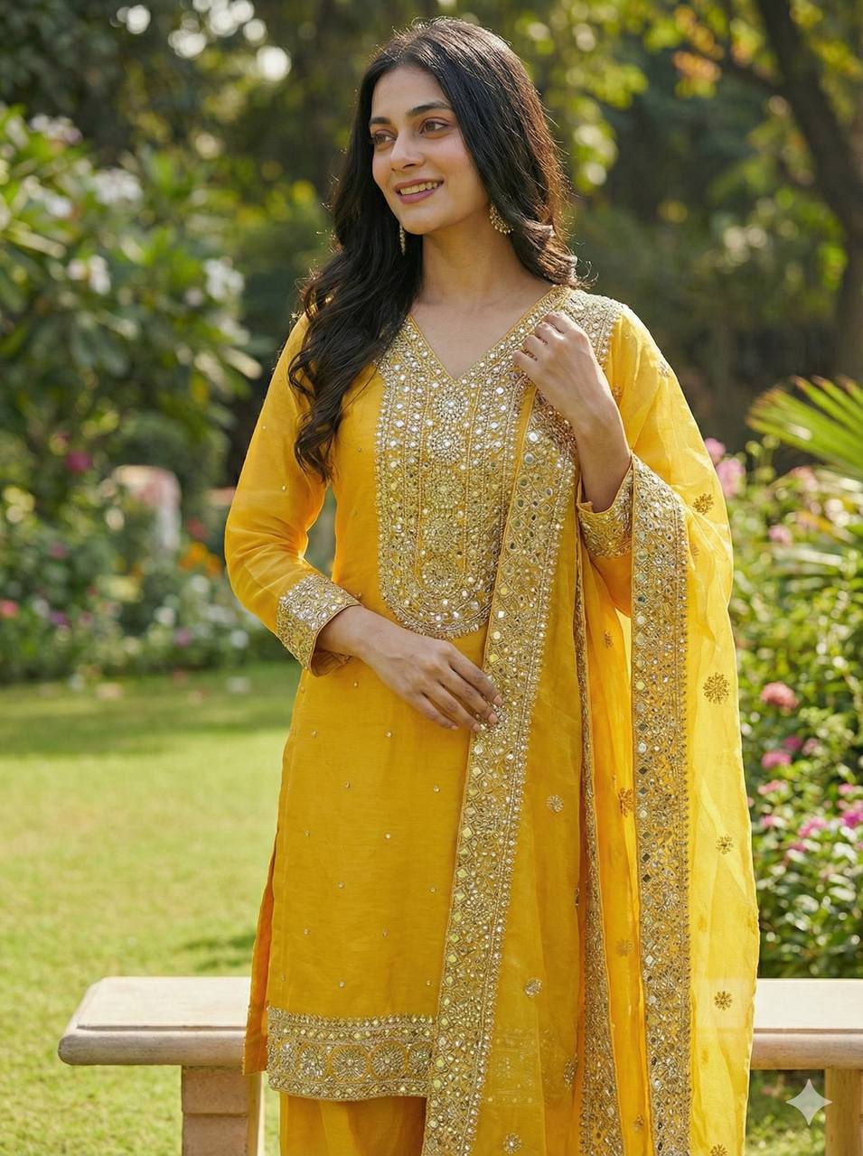 Yellow Color Embroidery Sequence And Hand Diamond Work Palazzo Suit