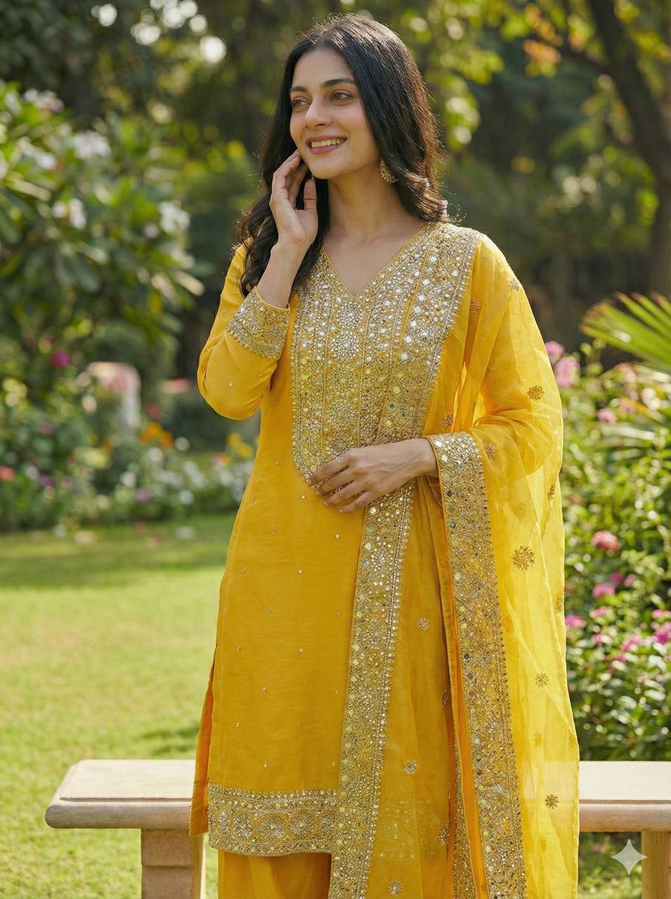 Yellow Color Embroidery Sequence And Hand Diamond Work Palazzo Suit