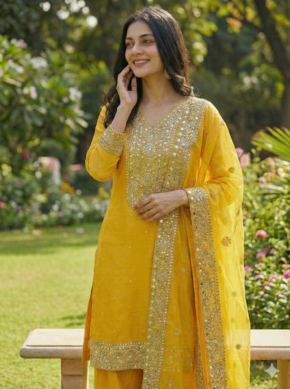 Yellow Color Embroidery Sequence And Hand Diamond Work Palazzo Suit