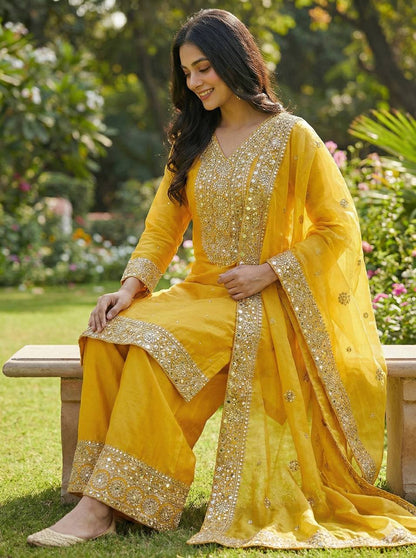 Yellow Color Embroidery Sequence And Hand Diamond Work Palazzo Suit