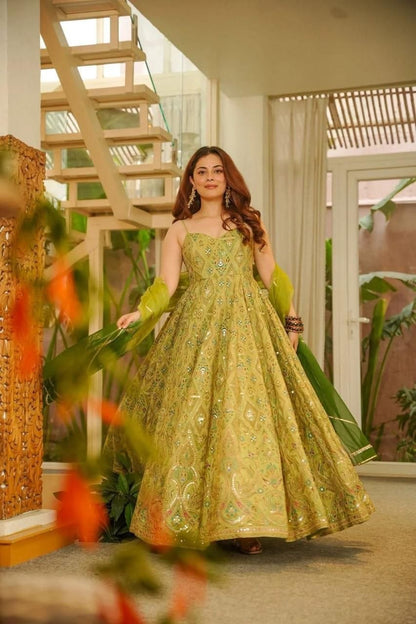 Green Color Designer Digital Printed Wedding Wear Anarkali Gown
