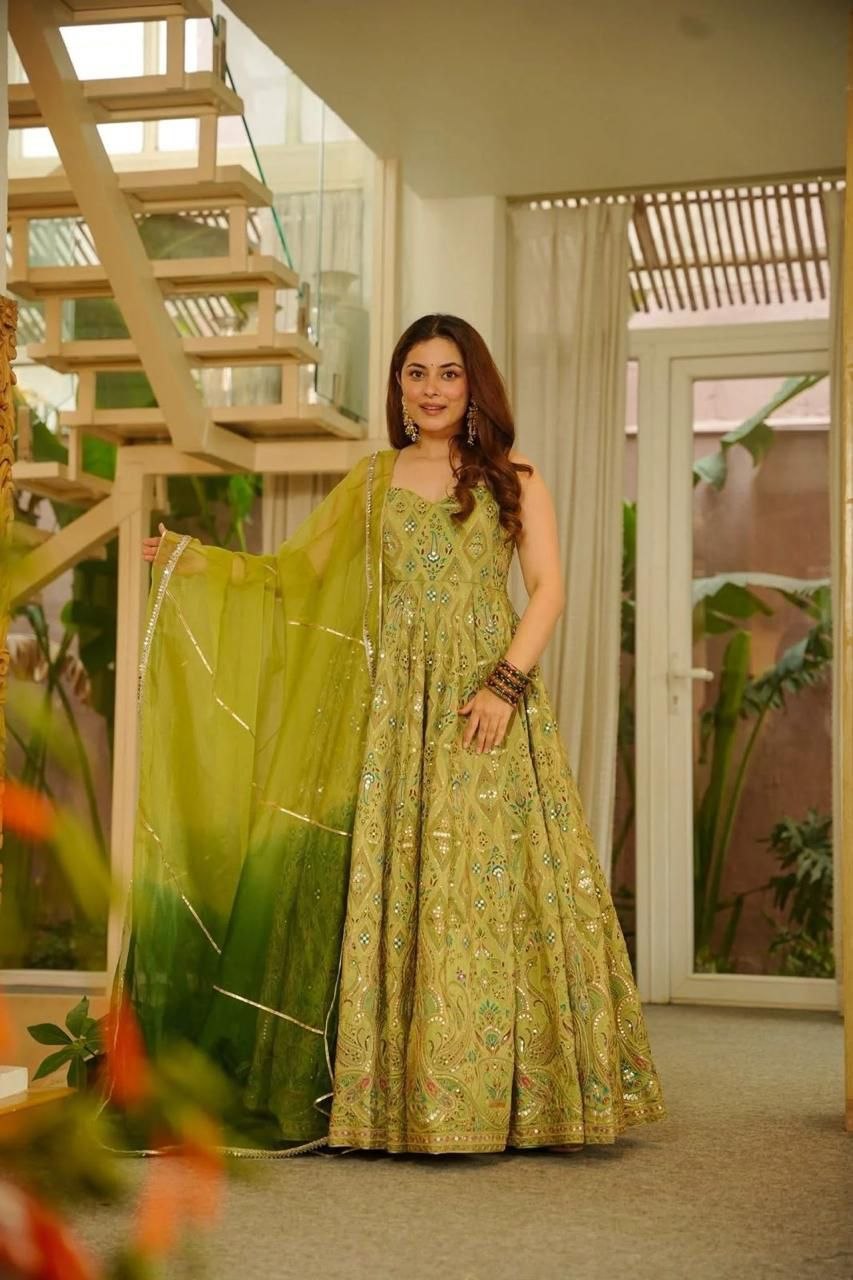 Green Color Designer Digital Printed Wedding Wear Anarkali Gown