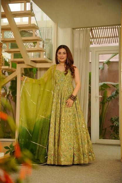 Green Color Designer Digital Printed Wedding Wear Anarkali Gown
