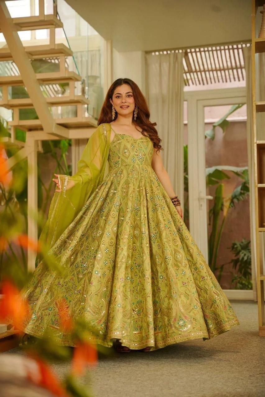 Green Color Designer Digital Printed Wedding Wear Anarkali Gown