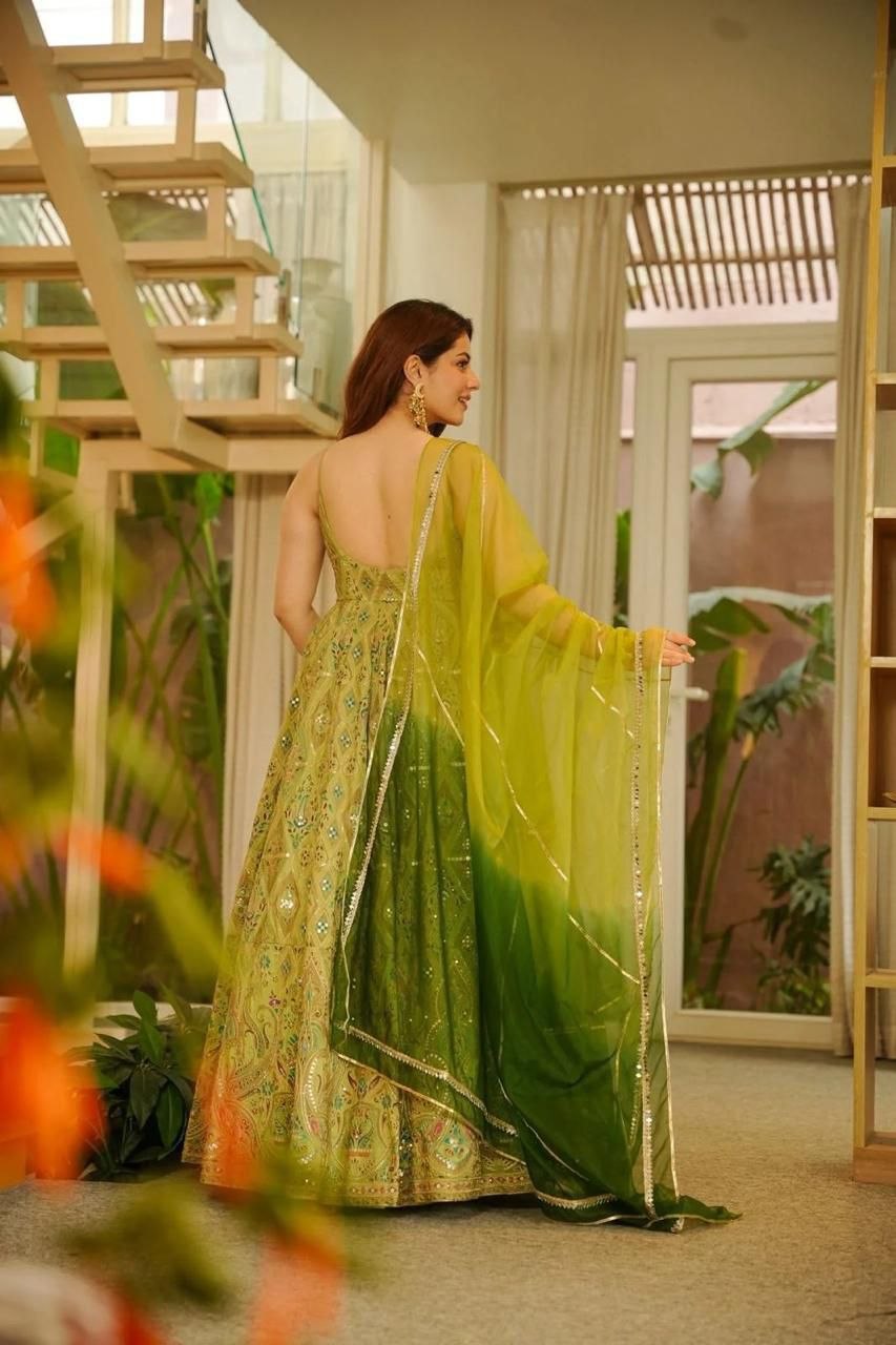 Green Color Designer Digital Printed Wedding Wear Anarkali Gown