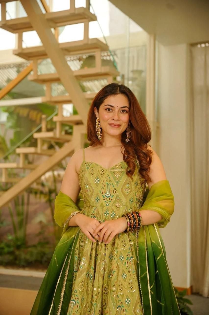 Green Color Designer Digital Printed Wedding Wear Anarkali Gown