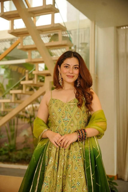 Green Color Designer Digital Printed Wedding Wear Anarkali Gown