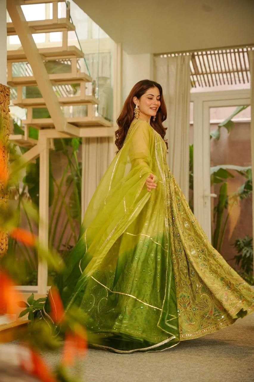 Green Color Designer Digital Printed Wedding Wear Anarkali Gown