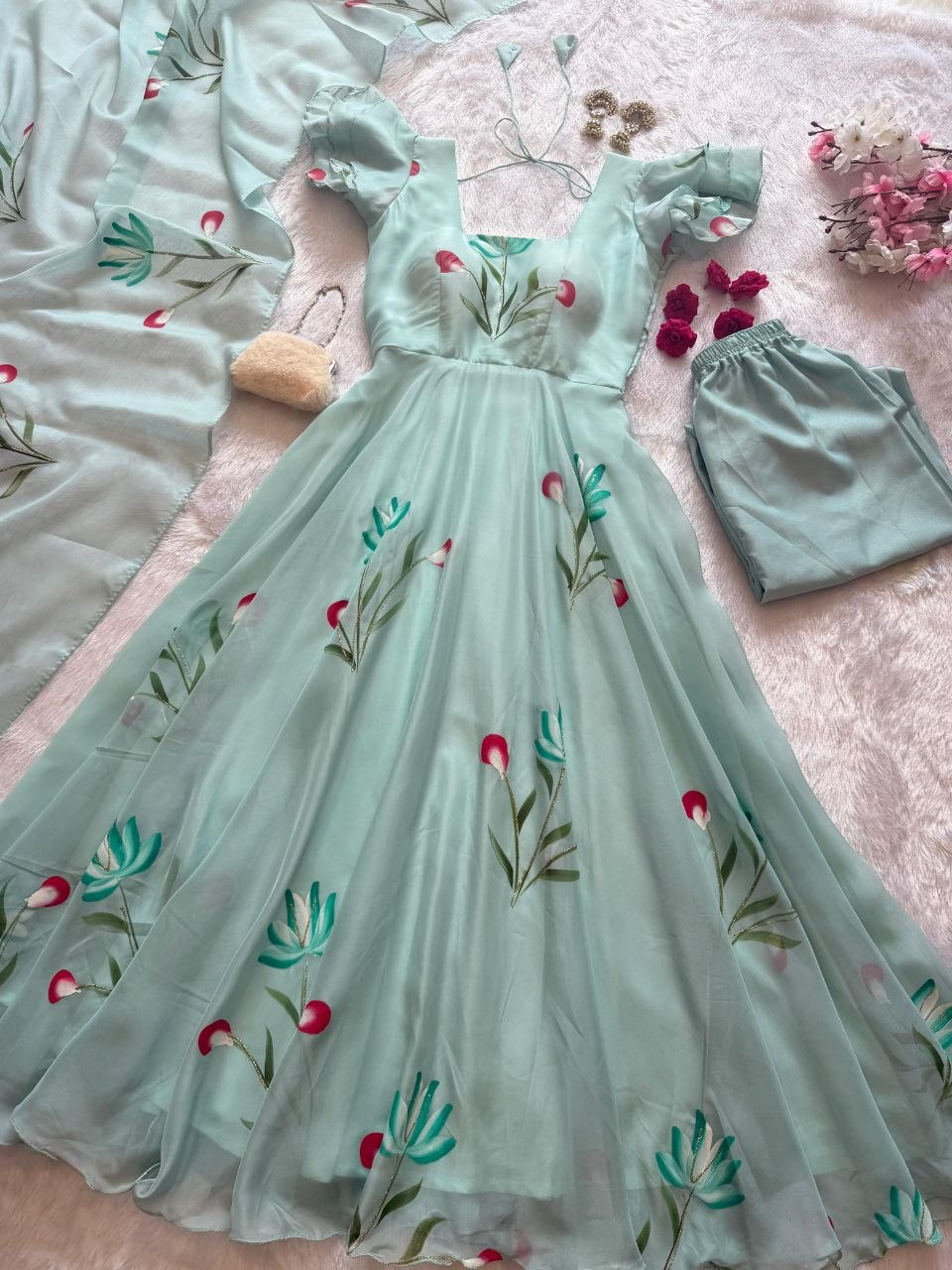 Ceremony Wear Light Green Color Handpainted Georgette Anarkali Suit