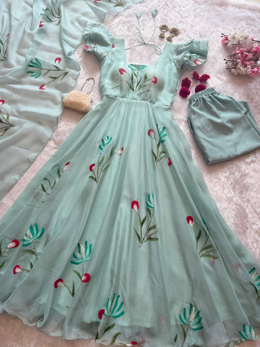 Ceremony Wear Light Green Color Handpainted Georgette Anarkali Suit
