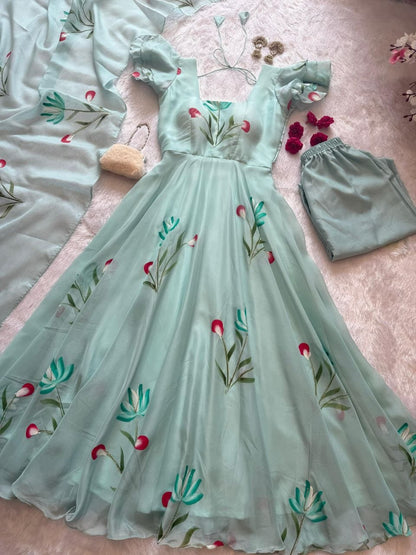Ceremony Wear Light Green Color Handpainted Georgette Anarkali Suit
