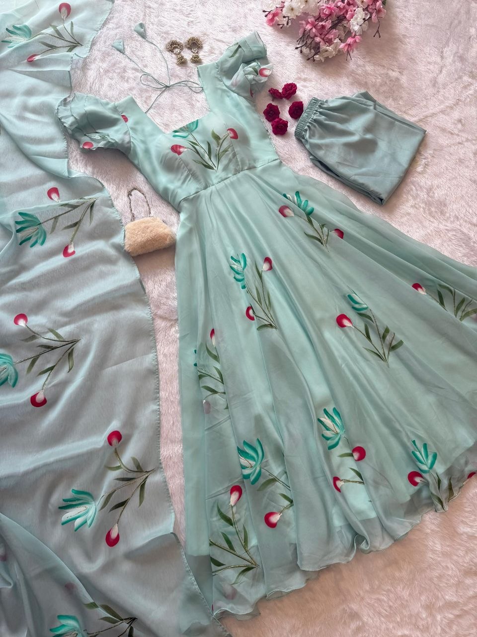 Ceremony Wear Light Green Color Handpainted Georgette Anarkali Suit